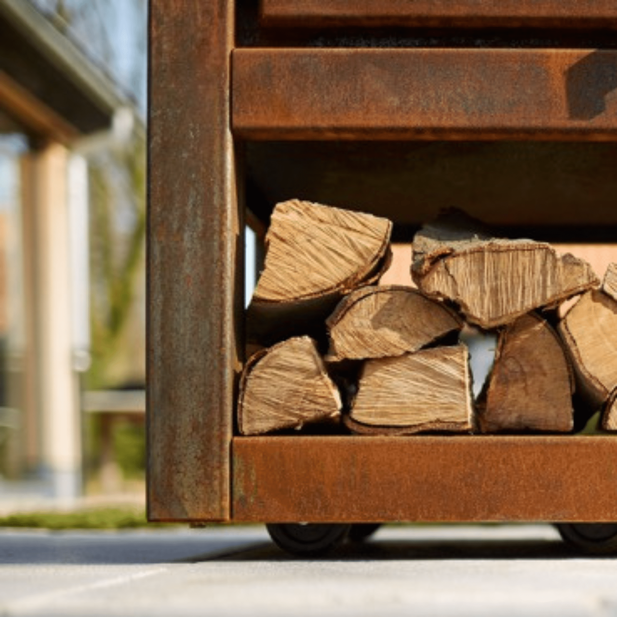 RB73 Quaruba L MOBILE 4 - Sided Glass Warm Brown CorTen Steel Wood - Burning Outdoor Fireplace - by RB73 | Buy at Agent BBQ
