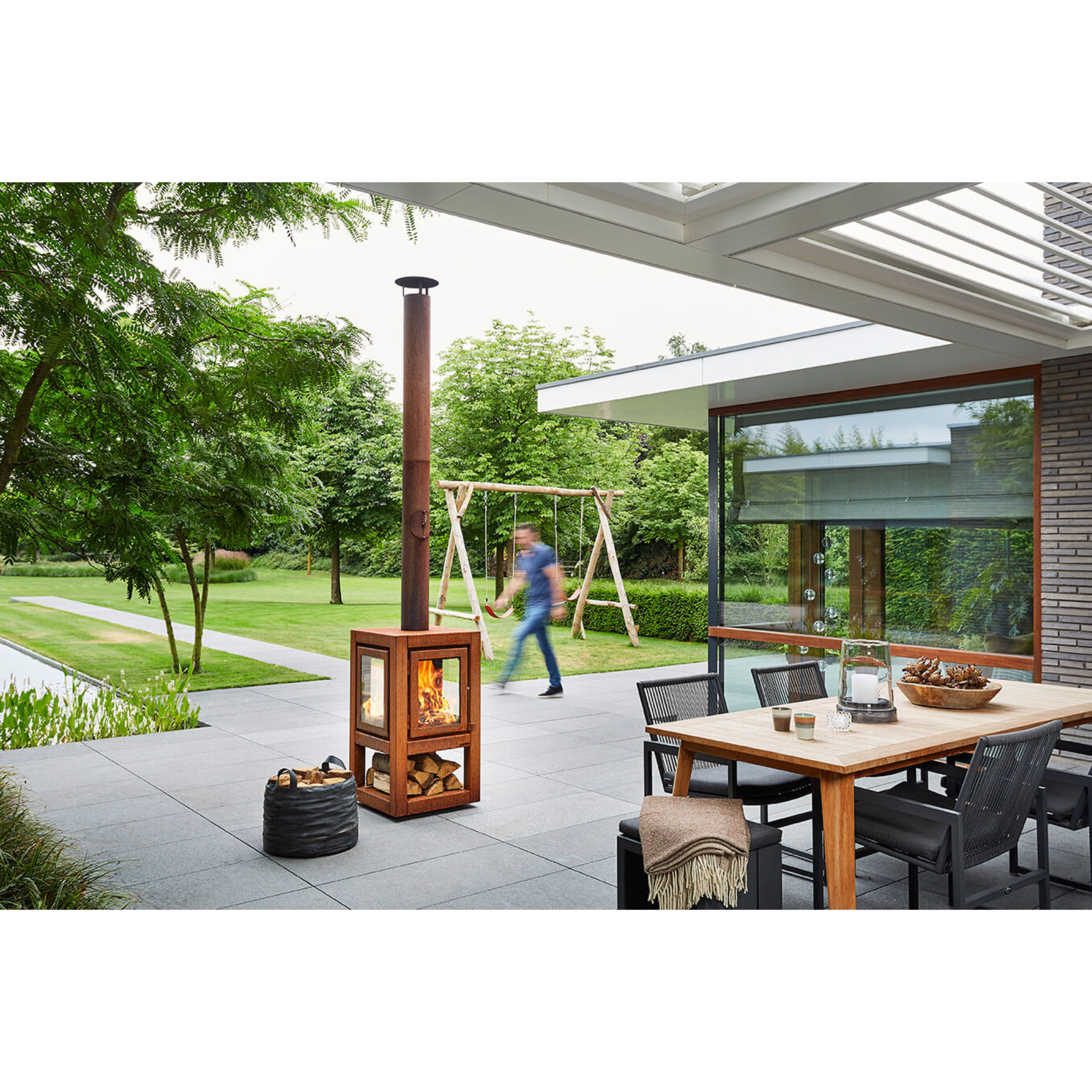 RB73 Quaruba XL MOBILE 4 - Sided Glass Matte Stainless Steel Wood - Burning Outdoor Fireplace - by RB73 | Buy at Agent BBQ