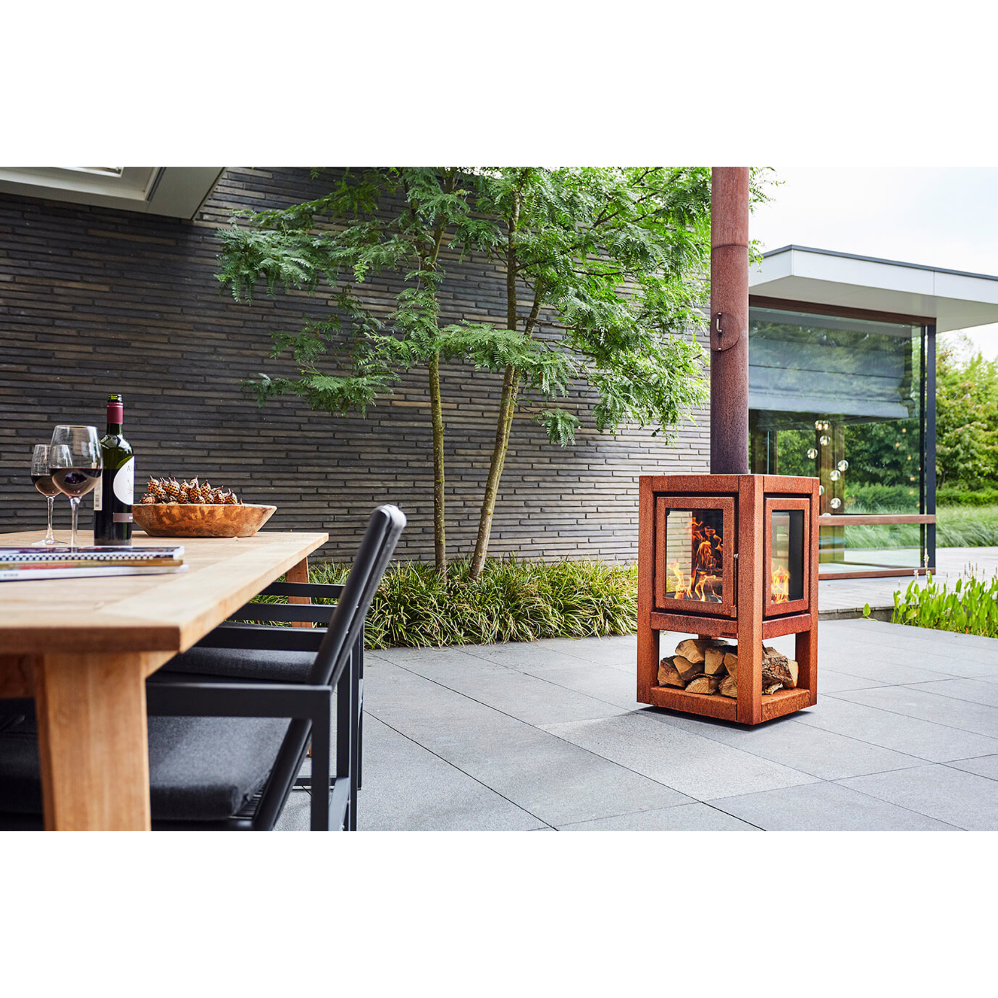 RB73 Quaruba XL MOBILE 4 - Sided Glass Warm Brown CorTen Steel Wood - Burning Outdoor Fireplace - by RB73 | Buy at Agent BBQ