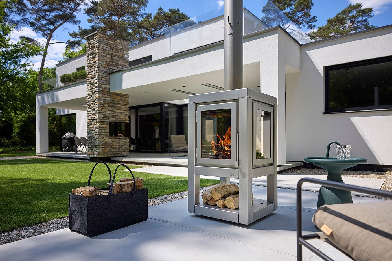 RB73 Quaruba XXL MOBILE 4 - Sided Glass Matte Stainless Steel Wood - Burning Outdoor Fireplace - by RB73 | Buy at Agent BBQ