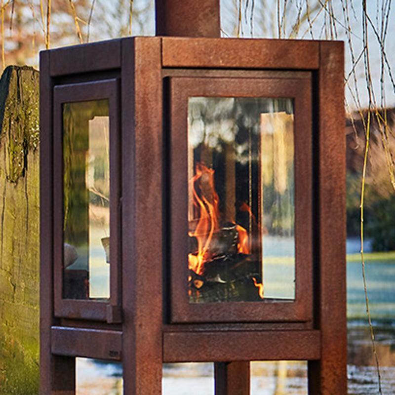 RB73 Quaruba XXL MOBILE 4 - Sided Glass Warm Brown CorTen Steel Wood - Burning Outdoor Fireplace - by RB73 | Buy at Agent BBQ
