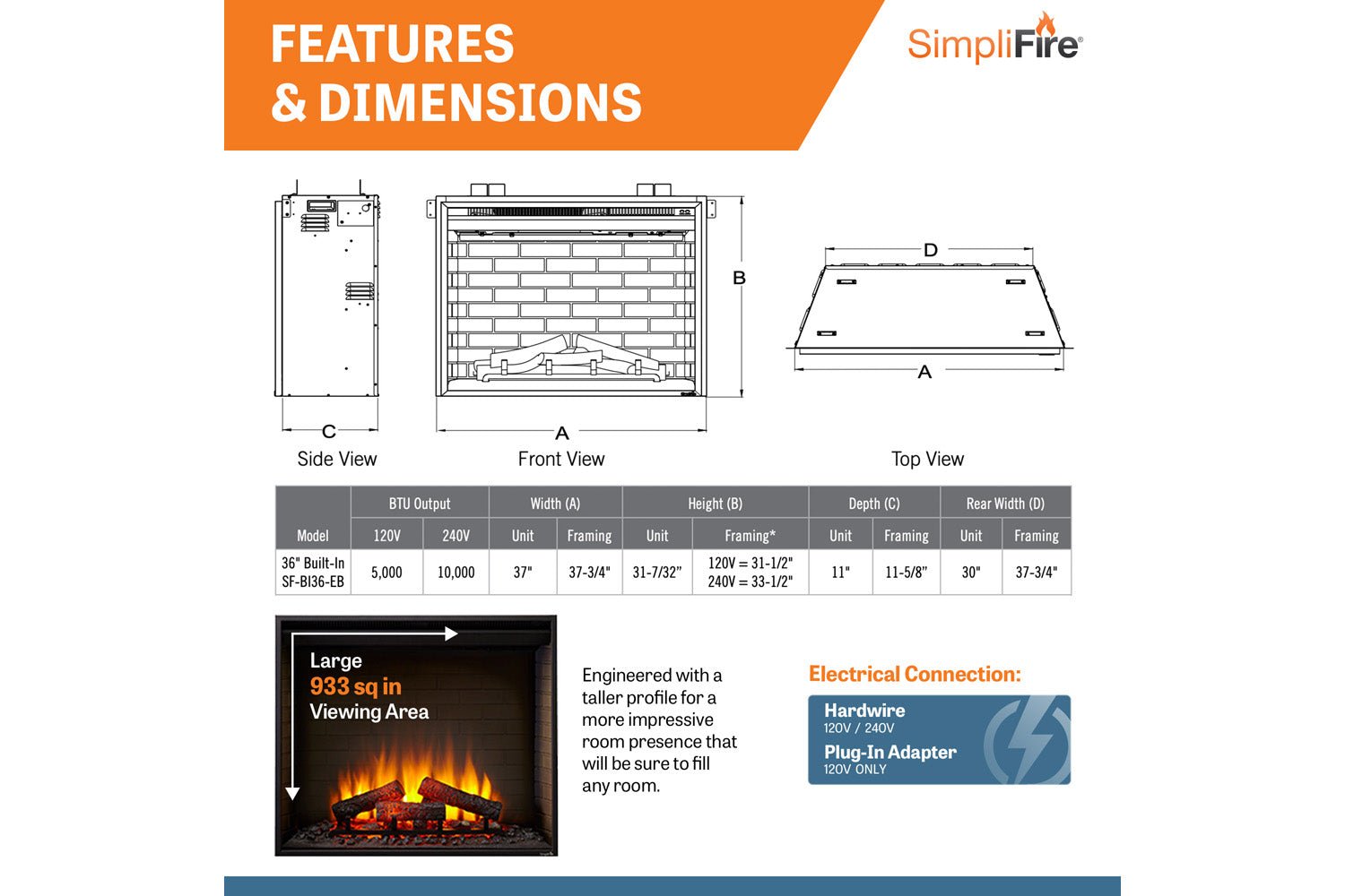 SimpliFire 36" Built - In Electric Firebox - Electric Fireboxes by SimpliFire | Buy at Agent BBQ
