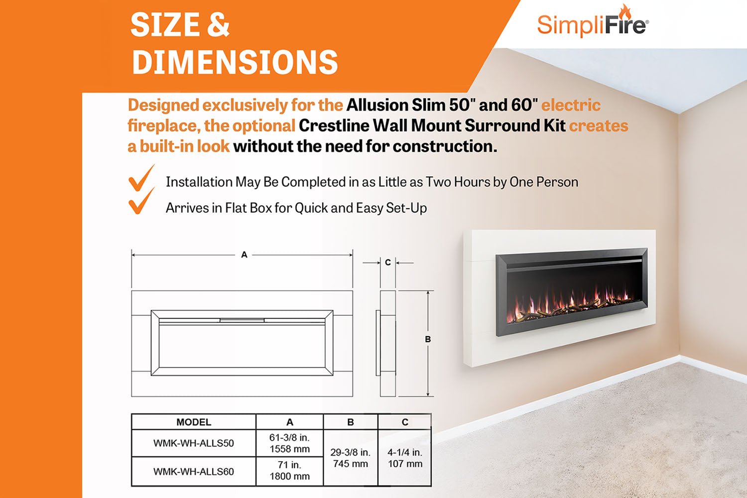SimpliFire Allusion Slim 50" Wall Mount / Recessed Electric Fireplace - Electric Fireplace by SimpliFire | Buy at Agent BBQ