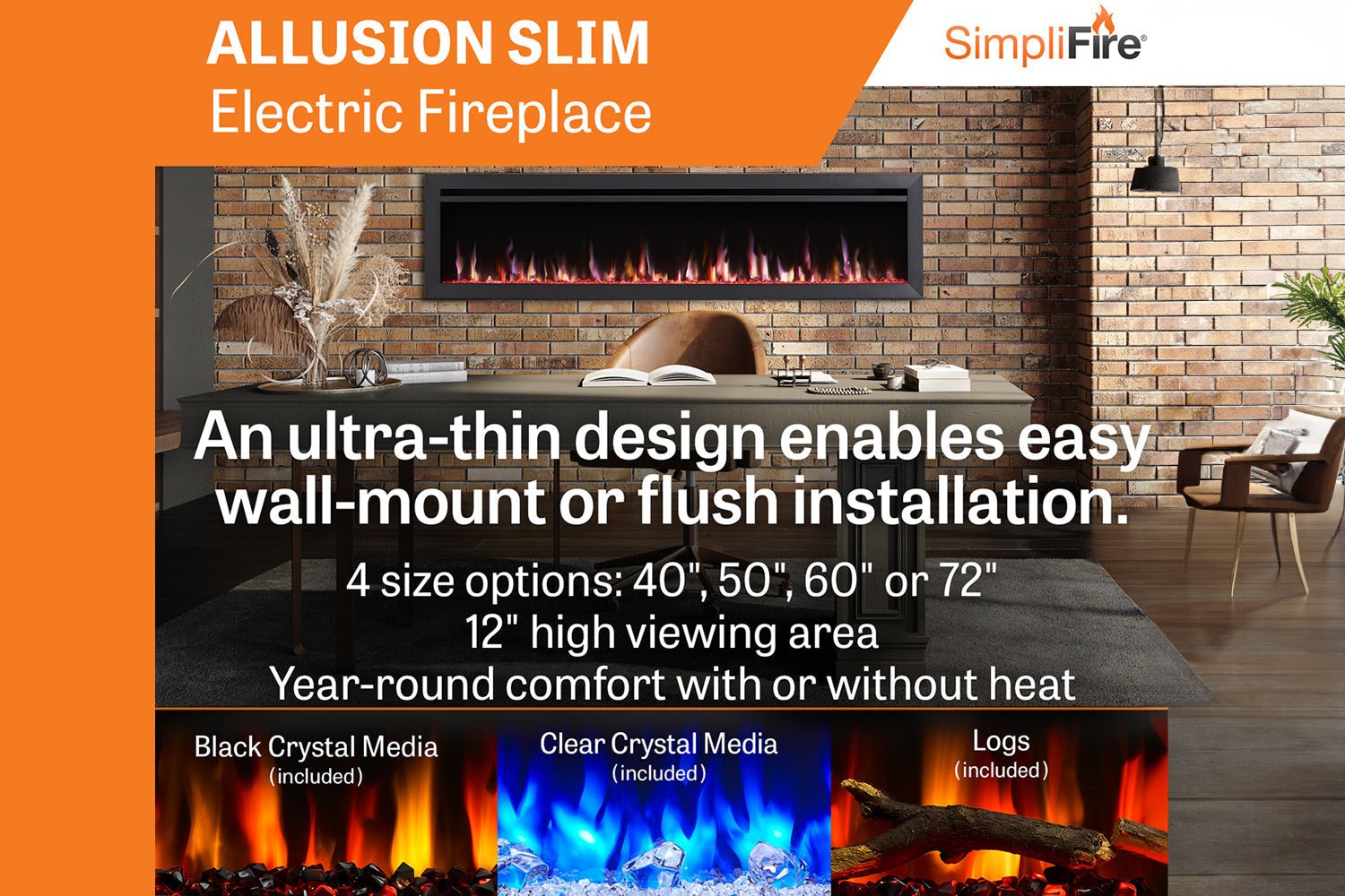 SimpliFire Allusion Slim 50" Wall Mount / Recessed Electric Fireplace - Electric Fireplace by SimpliFire | Buy at Agent BBQ