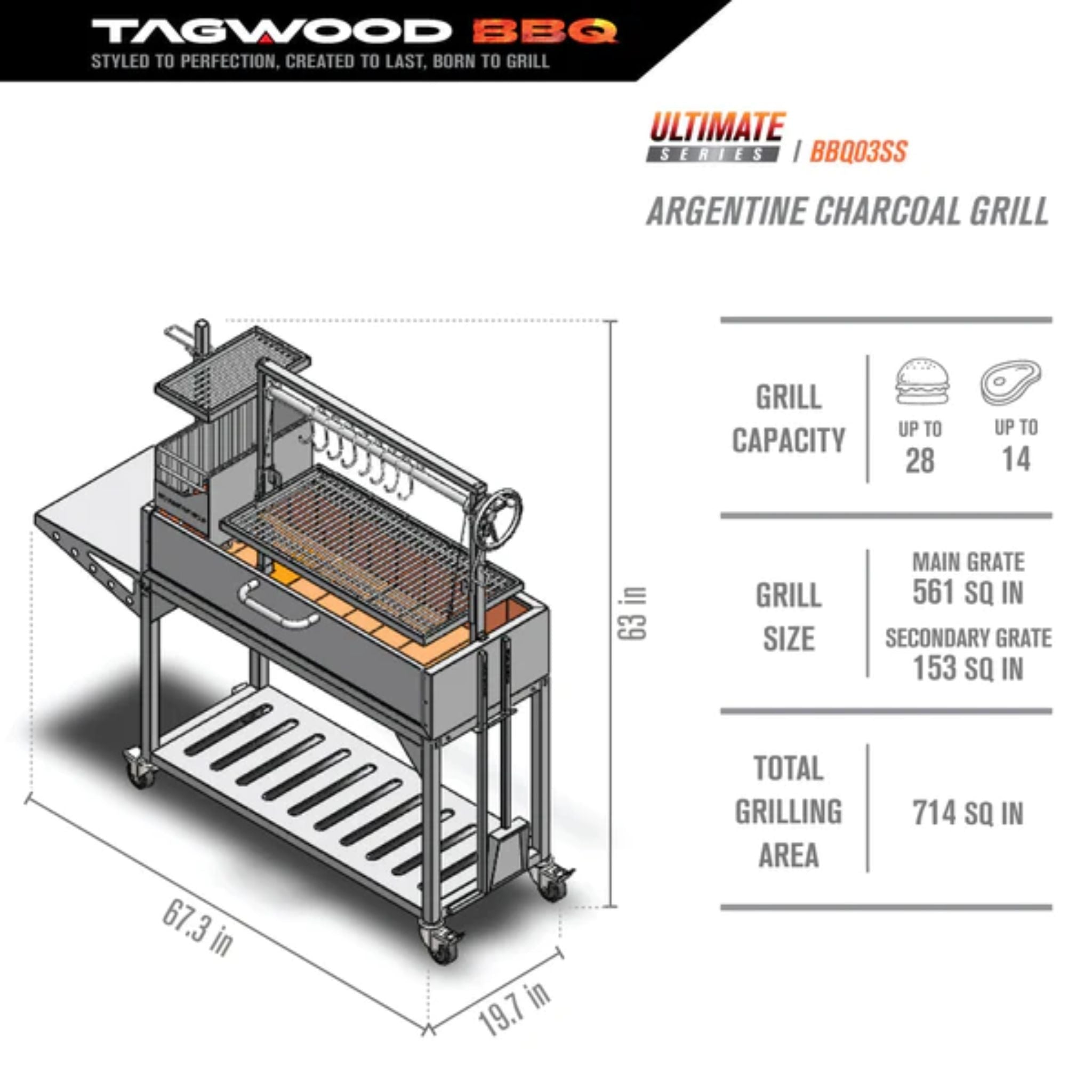 Tagwood BBQ03SS Freestanding Santa Maria Argentine Grill With 6" Casters - by Tagwood BBQ | Buy at Agent BBQ