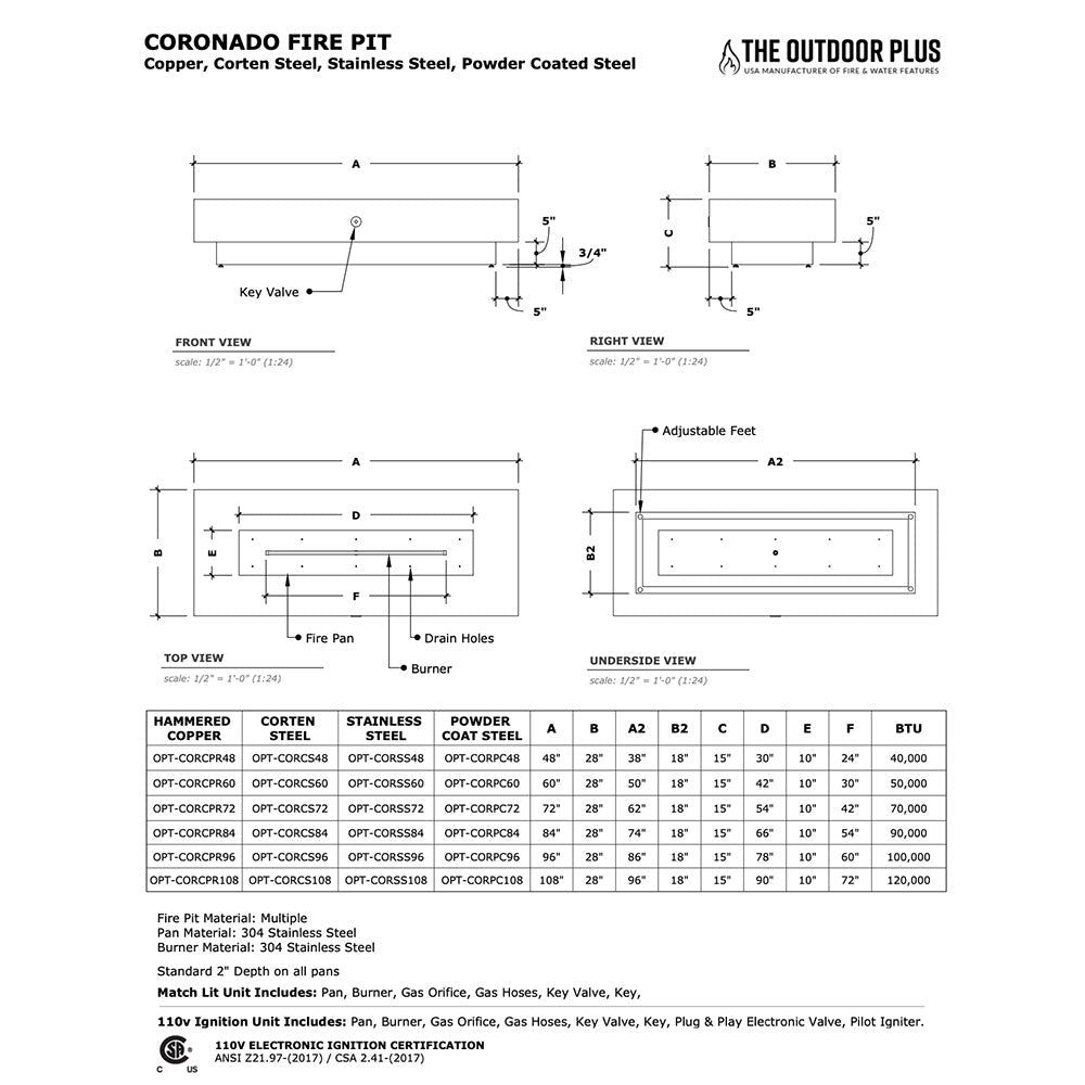 TOP Fires by The Outdoor Plus Coronado 60x28 - Inch Linear Powder Coated Steel Gas Fire Pit - by The Outdoor Plus | Buy at Agent BBQ